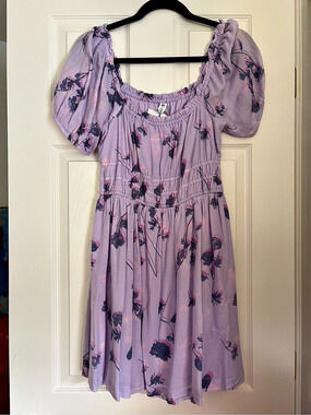 BP. Lavender Floral Puff Sleeve Smocked Mini Dress M